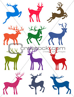 Twelve colored deer vector silhouettes