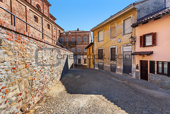 Narrow cobblestone street in town of La Morra.