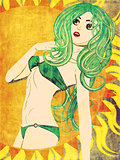 Grunge girl in green bikini