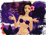 Grunge island girl in violet bikini