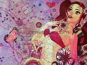 Grunge pink bikini girl on floral background
