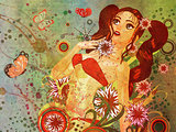 Grunge red bikini girl on floral background