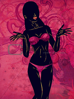 Grunge violet bikini girl silhouette