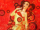 Red bikini girl on grunge floral background