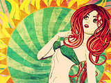 Retro girl in green bikini with red hair