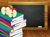 School books and blackboard