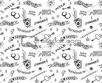 Coffee seamless pattern in traditional tattoo style, vector illustration