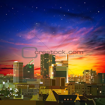 abstract nature background with city and sunset