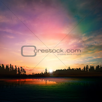abstract nature dark background with forest lake sunset and clou