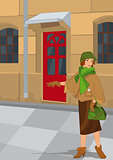 Retro girl near red door