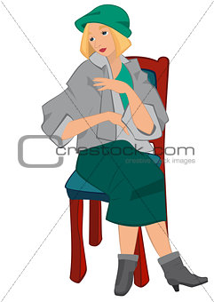 Retro girl sitting on the chair in green hat isolated