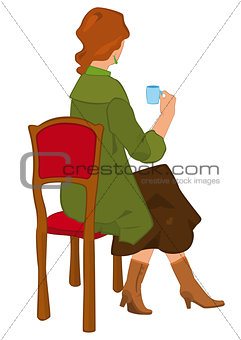 Retro girl sitting with coffee cup isolated