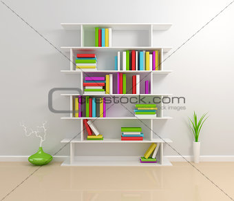 White bookshelf with a colorful books.