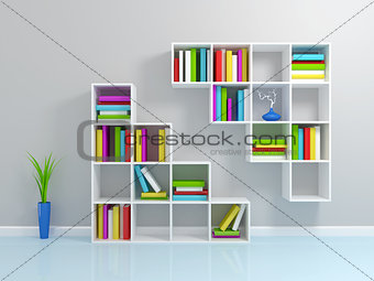White bookshelf with a colorful books.