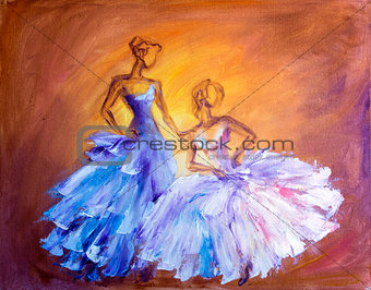 Two beautiful women at the ball. Oil painting.