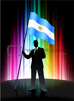 Argentina Flag with Businessman on Abstract Spectrum Background