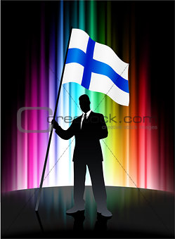 Finland Flag with Businessman on Abstract Spectrum Background