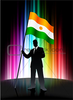 Niger Flag with Businessman on Abstract Spectrum Background