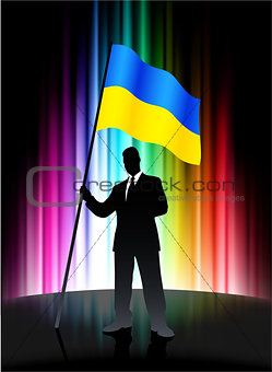 Ukraine Flag with Businessman on Abstract Spectrum Background