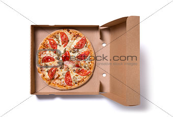 Delicious ham pizza in box 