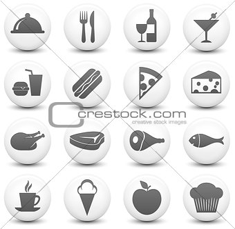 Food Icon on Round Black and White Button Collection