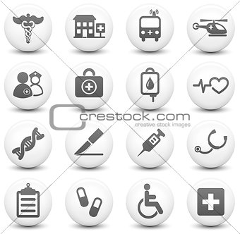 Medical Icon on Round Black and White Button Collection