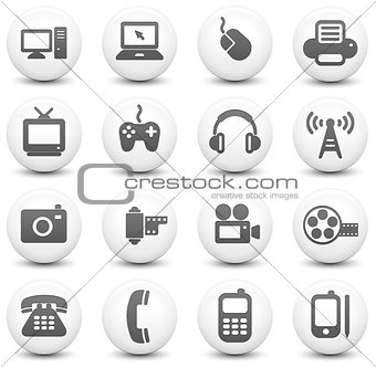 Technology Icon on Round Black and White Button Collection