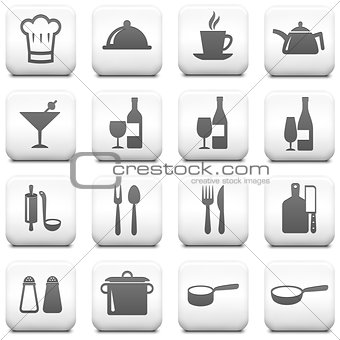 Restaurant Icon on Square Black and White Button Collection