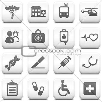 Medical Icon on Square Black and White Button Collection