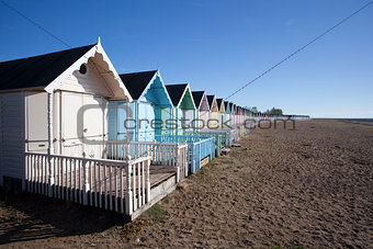 Beach Huts at West Mersea, Essex, England.
