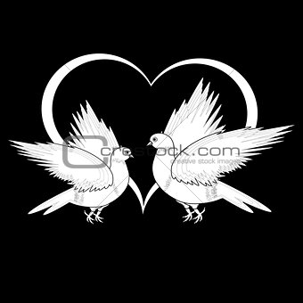 A monochrome sketch of two flying doves