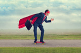 superhero businessman riding a skateboard