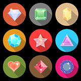 Gem stone cutting flat color icons with long shadow