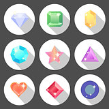 Gem stone flat color icons with long shadow