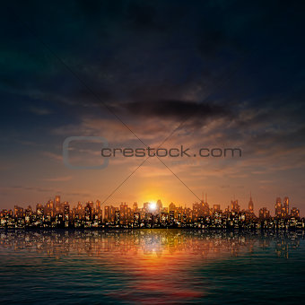 abstract nature background with panorama of city clouds and suns