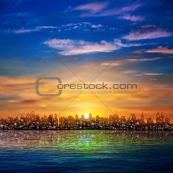 abstract nature background with panorama of city clouds and suns