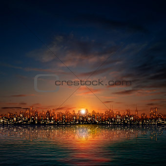 abstract nature background with panorama of city dark clouds and