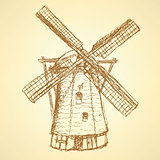 Sketch Holand windmill, vector vintage background