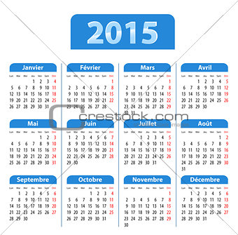 Blue glossy calendar for 2015 in French