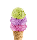 three Ice cream scoops in the cone 