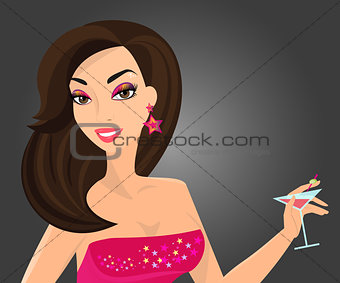 Brunette woman is wearing cocktail dress