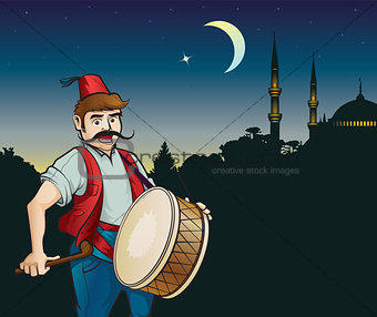 Ramadan drummer and mosque