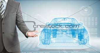 Businessman points hand on wire frame car