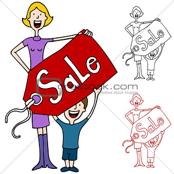 Mother and Son Holding Sale Pricetag Sign