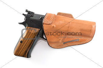 9mm Parabellum pistol in brown leather holster