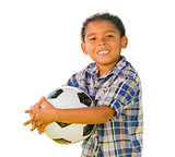 Mixed Race Boy Holding Soccer Ball on White