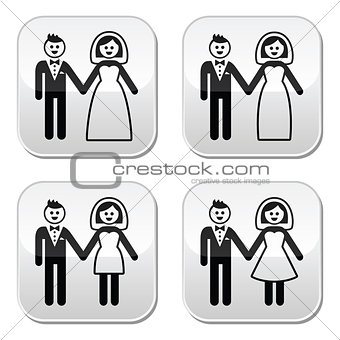 Wedding, married couple, bride and groom buttons set