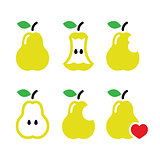 Pear, pear core, bitten, half vector icons