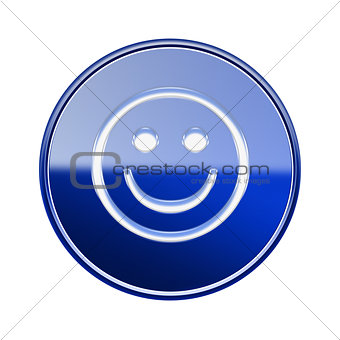 Smiley Face icon glossy blue, isolated on white background.