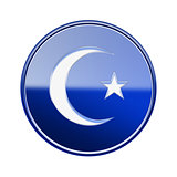 moon and star icon glossy blue, isolated on white background.